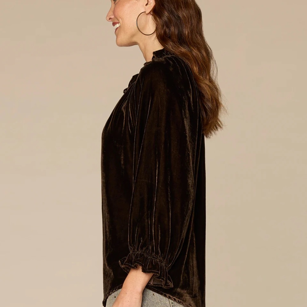 Three Quarter Blouson Sleeve Ruffle V-Neck Embroidered Woven Top - Picture 3 of 4